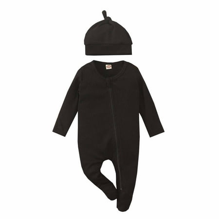 

Odeerbi Baby Bodysuit Layette Set Onesies for Toddler Autumn Winter Girls Crew Neck Long Sleeve Casual Waffle Solid Romper Zippered Cardigan Romper Hat Black