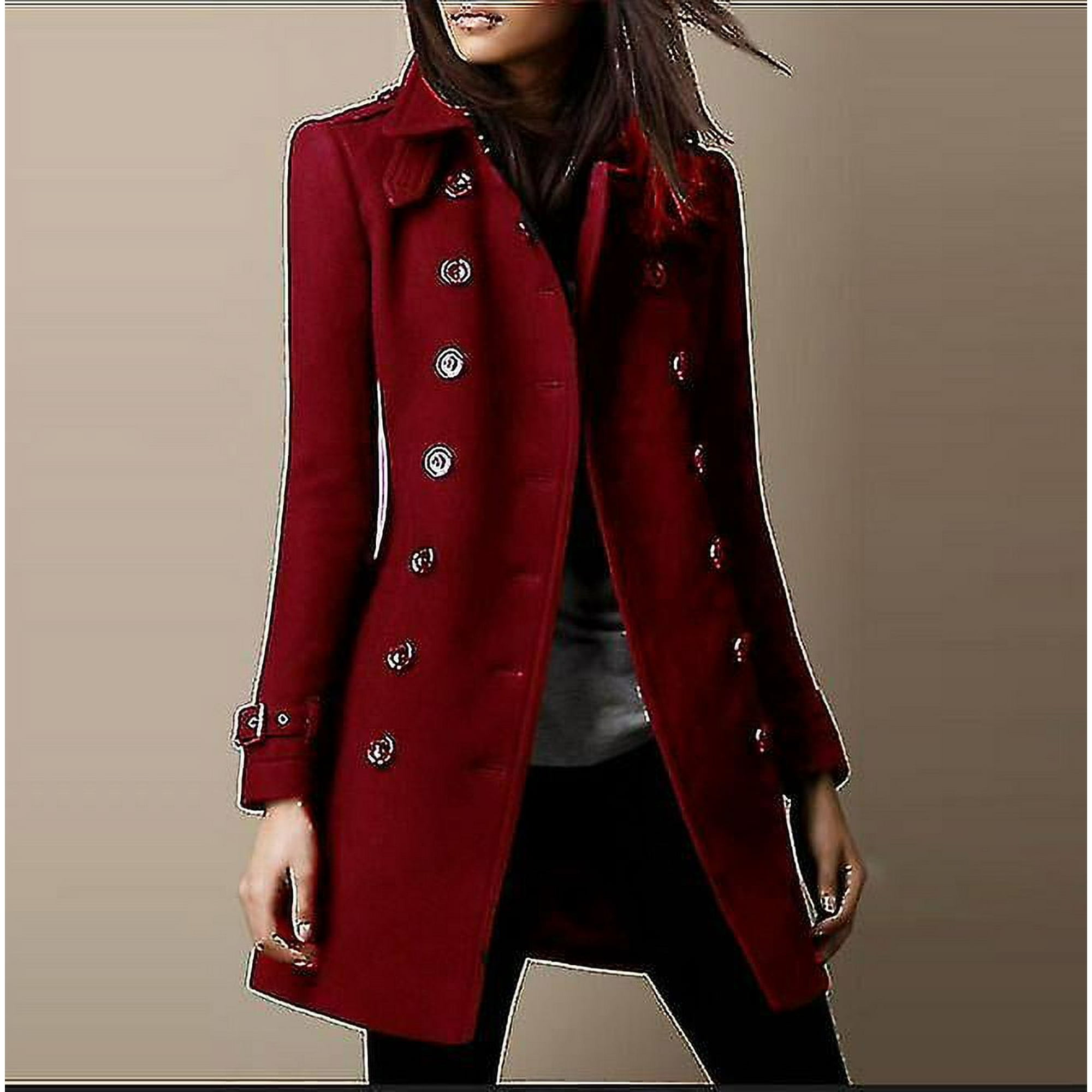 Women s Military Style Stand Collar Woolen Coat Double Breasted Woolen Blends Coat Walmart