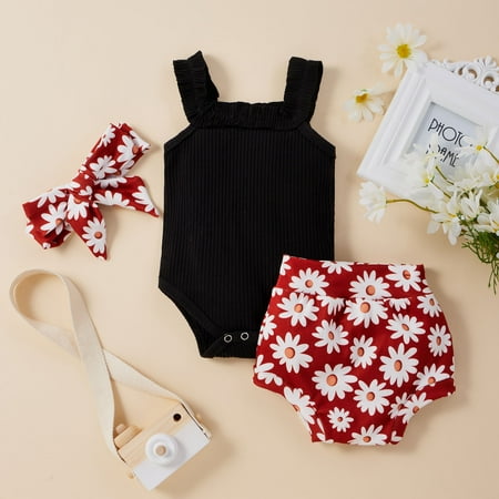 

AURIGATE Infant Baby Girls Sleeveless Ruffles Romper Bodysuit+Floral Shorts Outfits Clearance