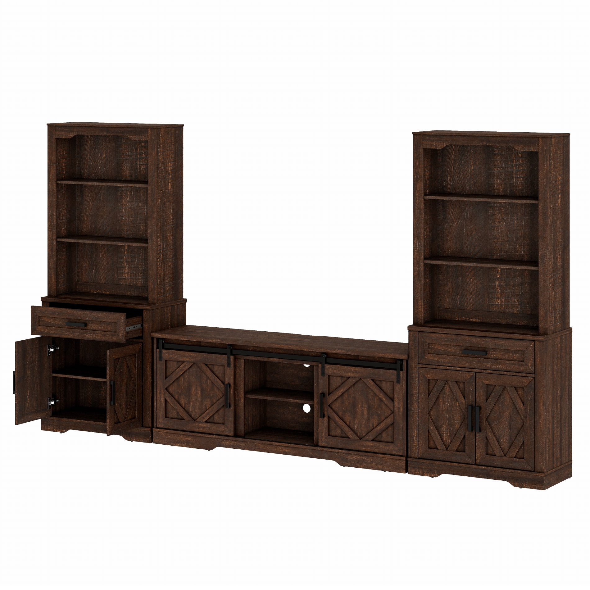 WAMPAT Farmhouse Entertainment Center with Bookshelf for TVs up to 75",Mid Century Modern TV Stand with 73"H Tall 5-Tier Bookcase with Open Storage and Barn Doors for Living Room,Bedroom,Rustic Brown