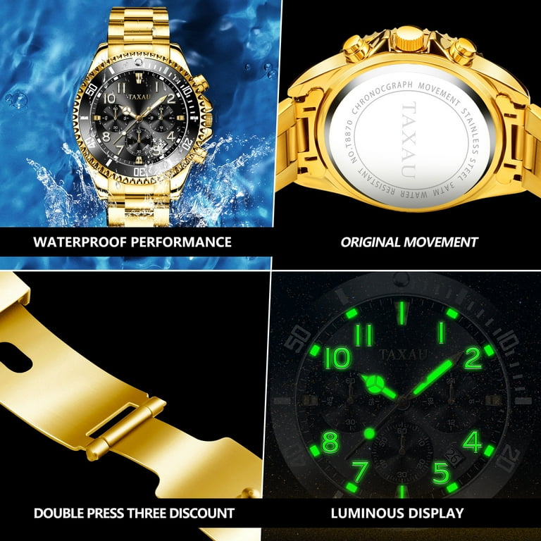 Taxau Gold Stainless Steel Watches for Men Watch Men Big Black Face Luxury Watches for Men Quartz Reloj para Hombr Walmart