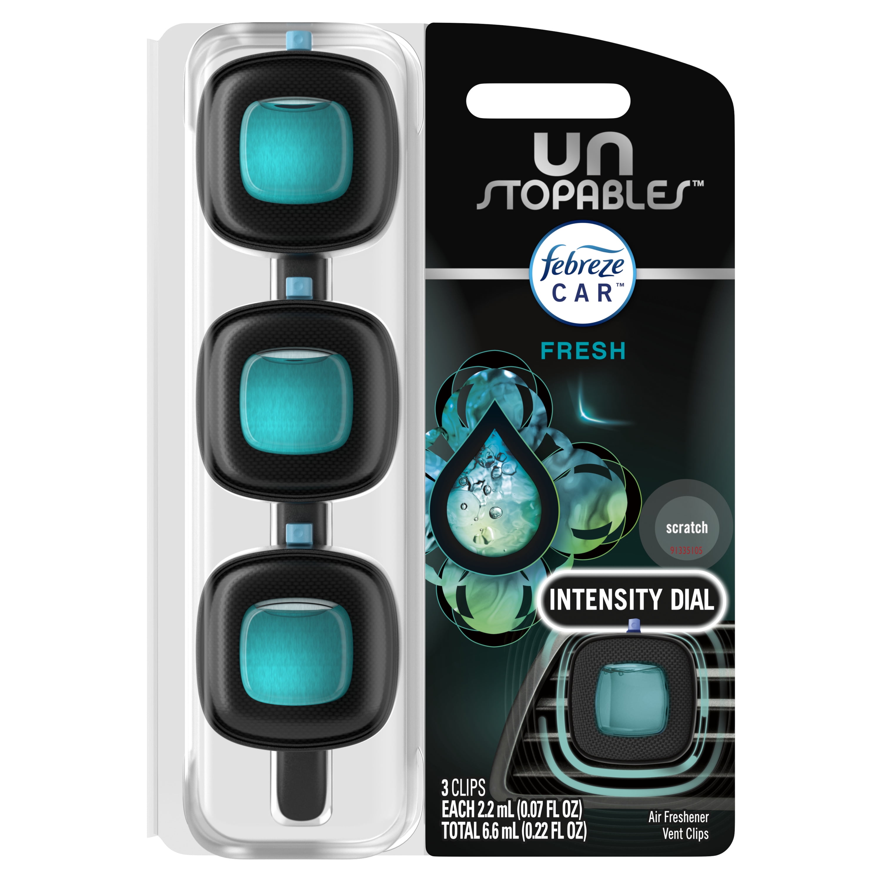 Febreze Car Air Freshener, Odor-Fighting Car Vent Clip, Unstopables Fresh, 3 Count