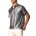 thumbnail image 4 of INSPIRE CHIC Metallic Polo Shirt for Men's Short Sleeves Shiny Disco Nightclub Party Collared T-Shirt M Silver, 4 of 6