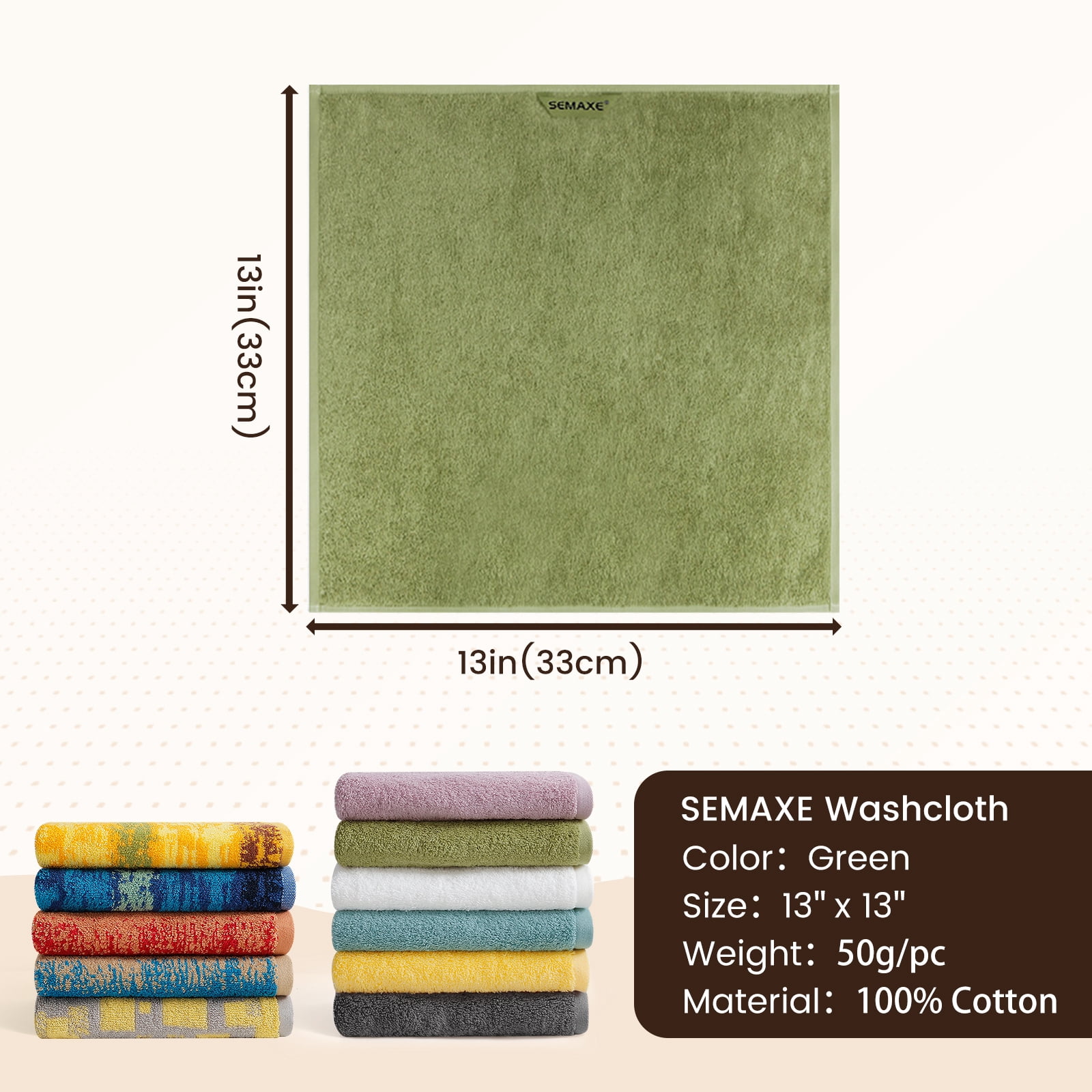 SEMAXE Washcloths 12-Pack 13x13 Inch: 100% Organic Cotton Face Towels | Ultra Soft, Quick-Dry & Super Absorbent for Bathroom, Gym, Spa & Hotel | Zero Lint, Lightweight & Bulk Pack, Green