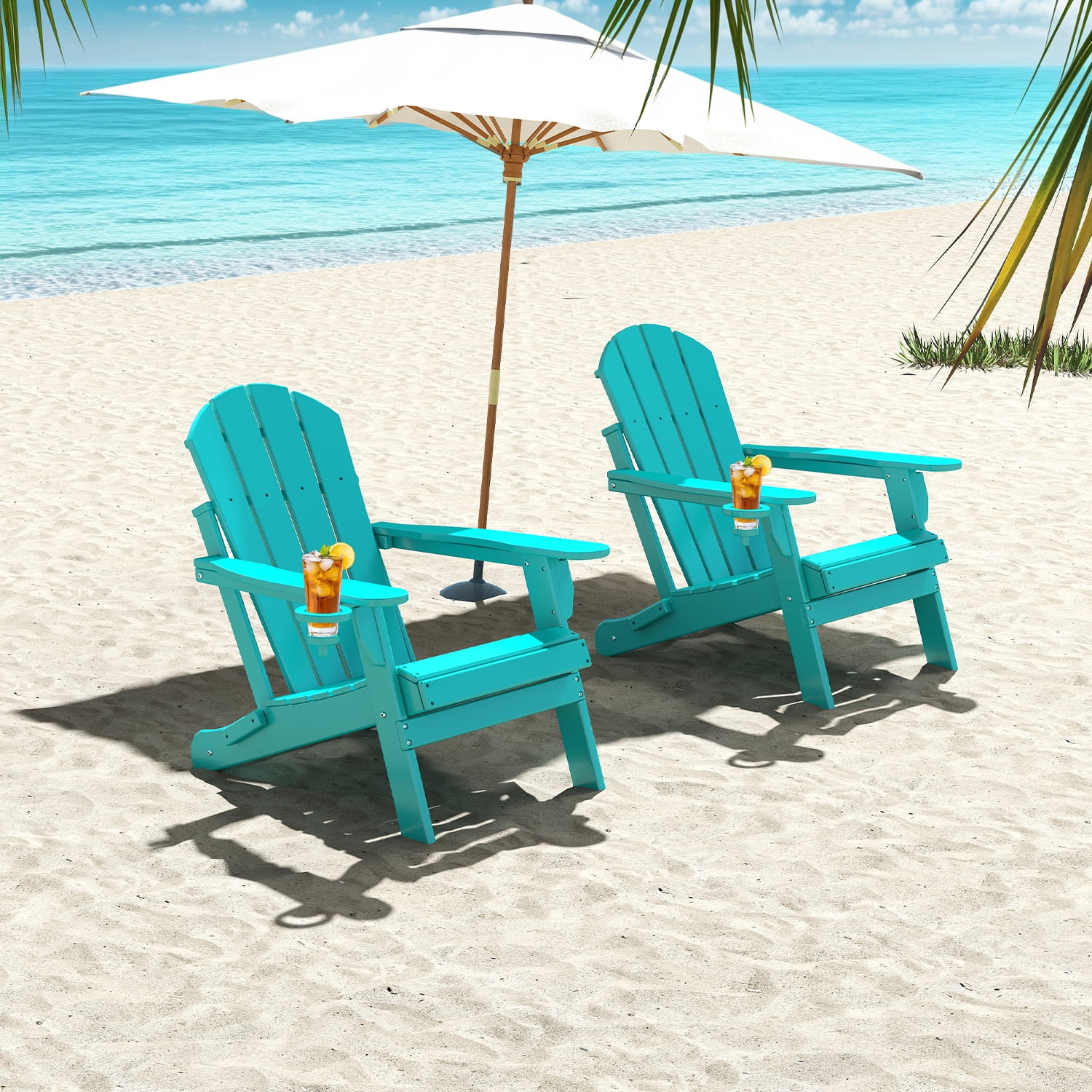 FODINGHILL Outdoor Folding Adirondack Chair set of 2, HDPE All Weather Patio Chair with Cup Holder for Deck Backyard Garden, Aqua