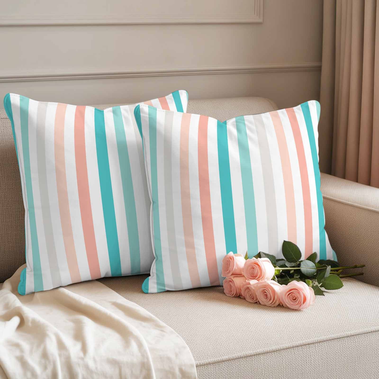 Aqua Teal Stripe Outdoor Waterproof Pillow Covers, Geometric Grey White Vertical Striped Decorative Square Throw Pillowcase Sofa Cushion Sham for Patio/Couch/Chair, 18"x18" 2 Pack
