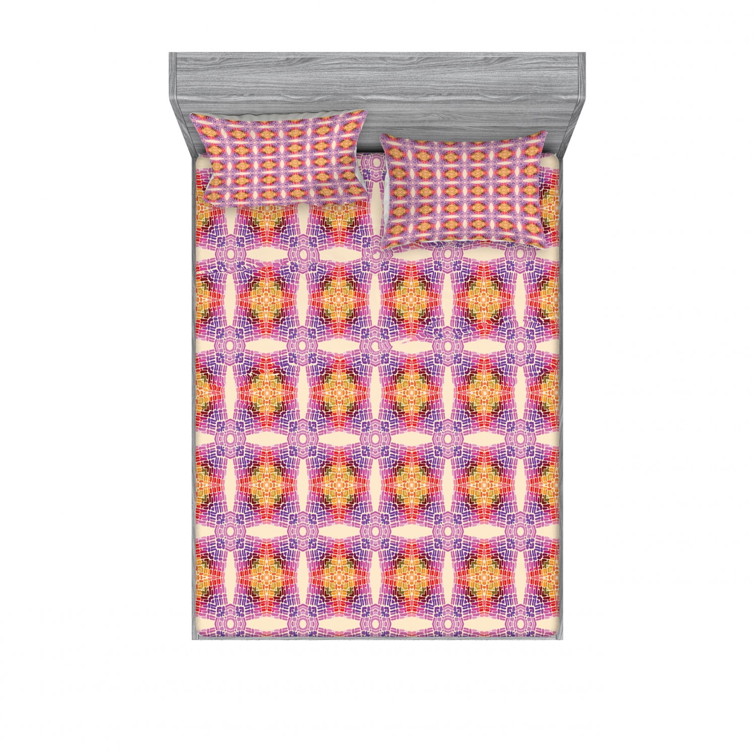 Geometric Bedding Set with Sheet & Covers, Colorful Retro Style Psychedelic Frames Interlacing
