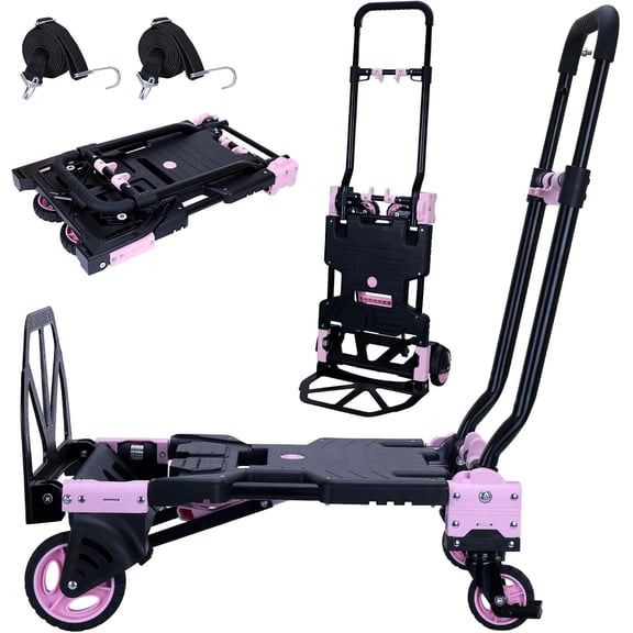 Folding Hand Truck, Folding Dolly Cart with Wheels, Foldable with Telescoping Handle, Collapsible Portable Dolly with Elastic Ropes for Moving