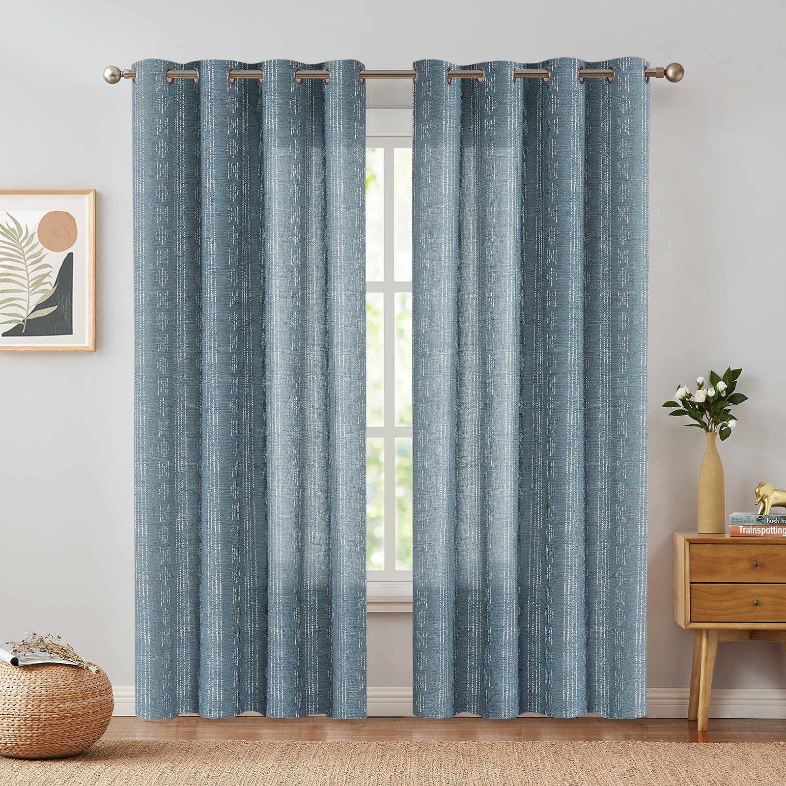 Curtainking Blue Linen Blend Curtains Geometric Striped Light Filtering Farmhouse Grommet Curtains for Living Room 96 Inch Pack of 2