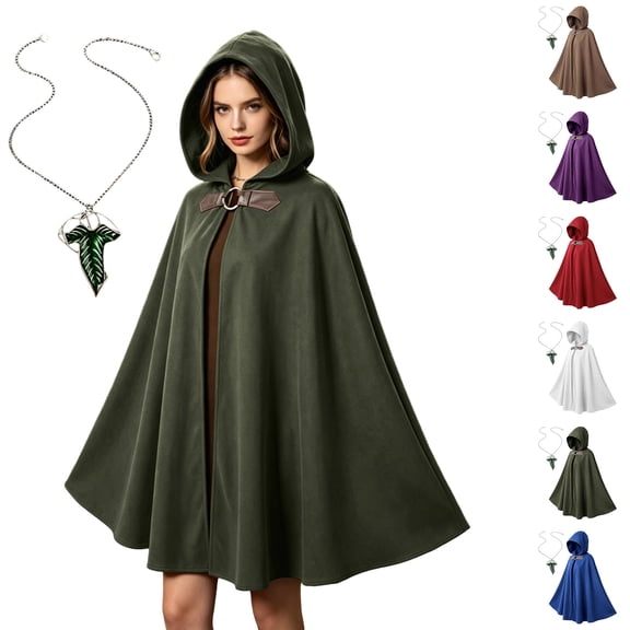 Medieval Hooded Cloak For Women, Halloween Vintage Knee Length Cape, Ladies Party Wraps With Pendant Necklace