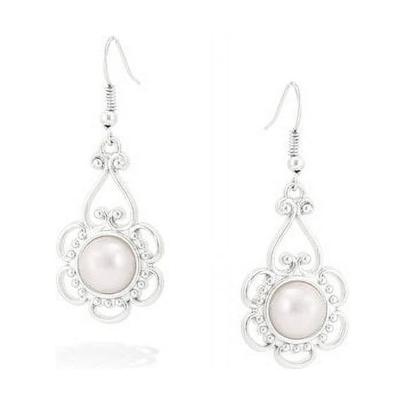 Rhodium-Plated Scroll with Pearl Drop Earrings