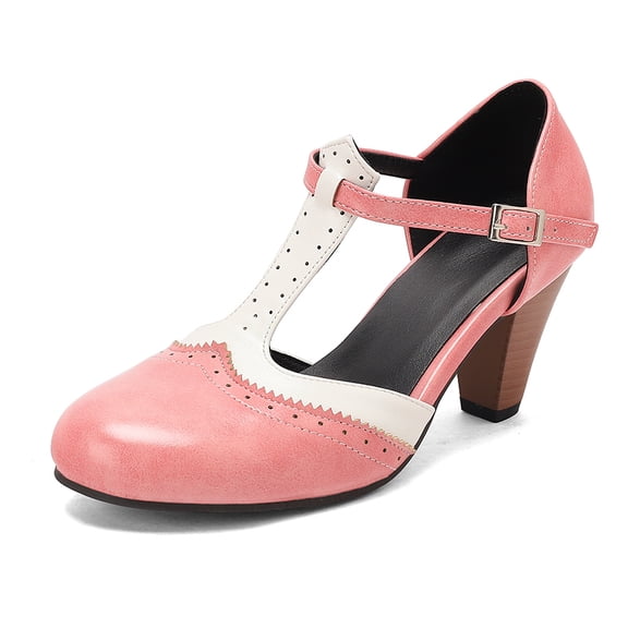 SACFOF Womne's T-Strap Mary Jane Oxfords Pumps Vintage Mid Kitten Heels Lolita Round Toe Dress Shoes for Wedding Party
