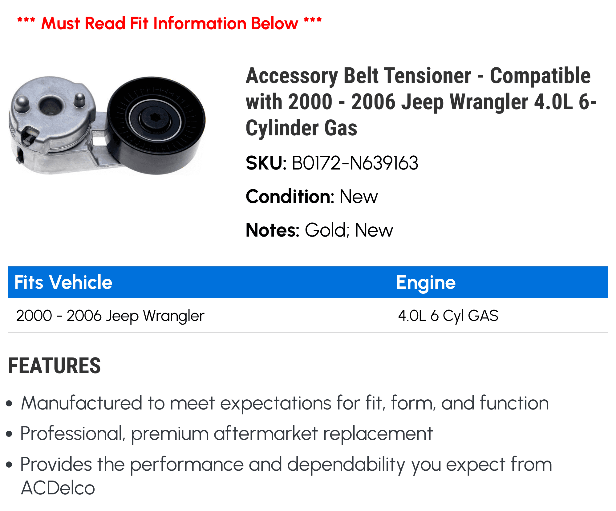 Accessory Belt Tensioner - Compatible with 2000 - 2006 Jeep Wrangler 4.0L 6-Cylinder Gas - AC Delco