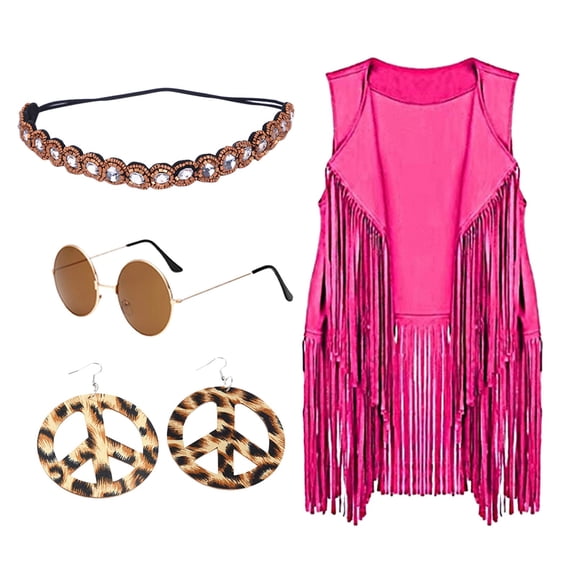 ASFGIMUJ Open Cardigan For Women 4Pc Sets Autumn Winter Ethnic Sleeveless Tassels Fringed Vest Cardigan Vest Headband Glasses Earrings Hot Pink L
