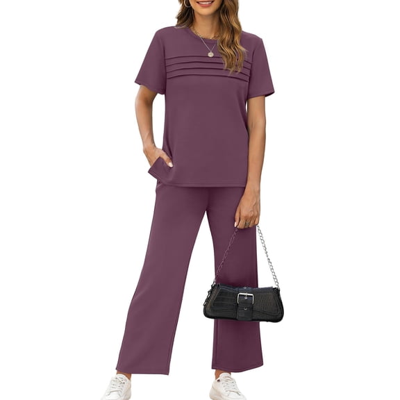 Lumtrix Two Piece Sets For Women Casual Summer Outfits Short Sleeve Tops Wide Leg Pants Side Slit Lounge Sweatsuits Purple M
