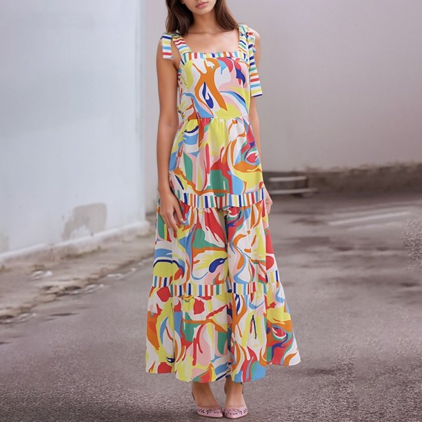 WILLBEST Vestidos Casuales Para Mujer 1 Vestido De Fiesta Informal Con Estampado Y Tirantes Finos Y Hombros Descubiertos Para Mujer