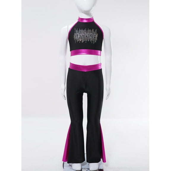 Miutii Kids Girls Modern Dance Outfits Shiny Rhinestone Crop Top and Jazz Flared Pants Stage Hot Pink 6