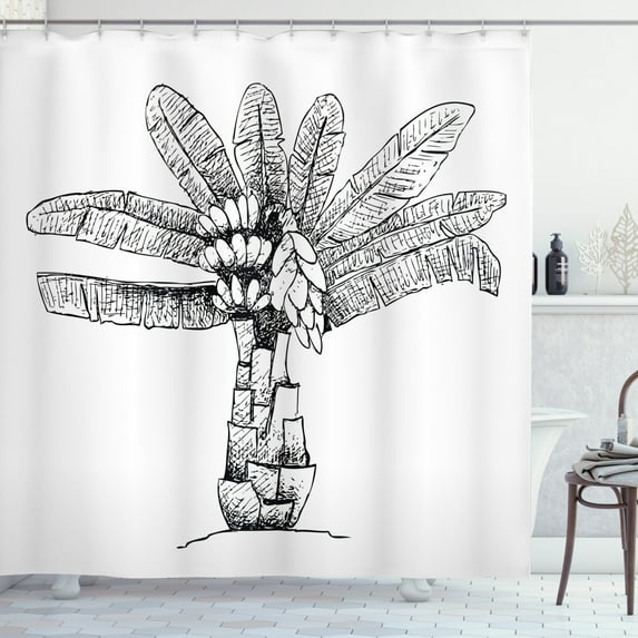 Banana Leaf Shower Curtain, Sketch Art Image of Ensete Banana Plant with Modern Monochrome Design, Fabric Bathroom Set with Hooks, 69W X 75L Inches Long, Black and White, by Ambesonne