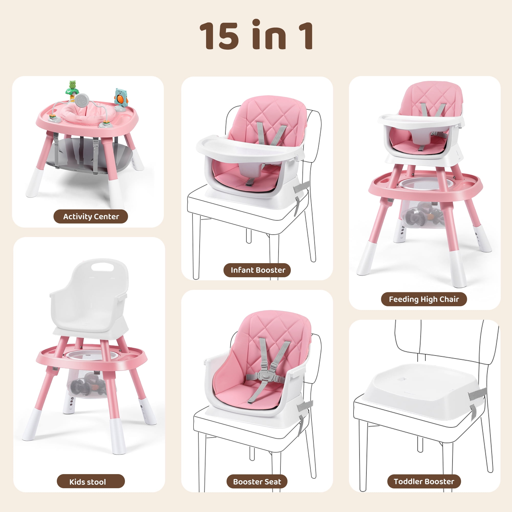 AILEEKISS 15-in-1 Baby High Chair, Toddler Dining Booster Seat with Activity Center, Pink