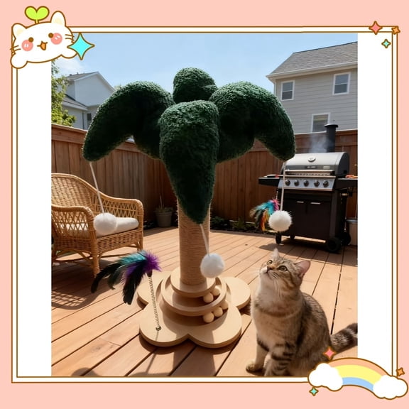 Tropical Resort-Style Cat Scratching Post, Natural Sisal Rope Claw Sharpener, Stable Playhouse for Indoor & Outdoor Cats, Easy Assembly
