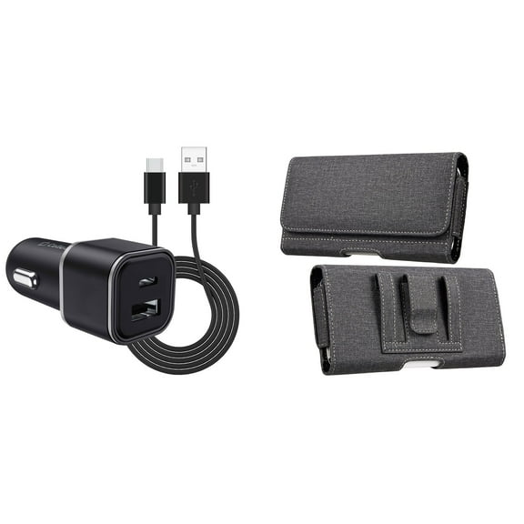 Holster and Car Charger Bundle for Visible Midnight: Horizontal Belt Pouch Case Nylon Fabric (Grey) and Compact High Power 30W Dual USB Port (Type-C & USB-A) Auto Power Adapter