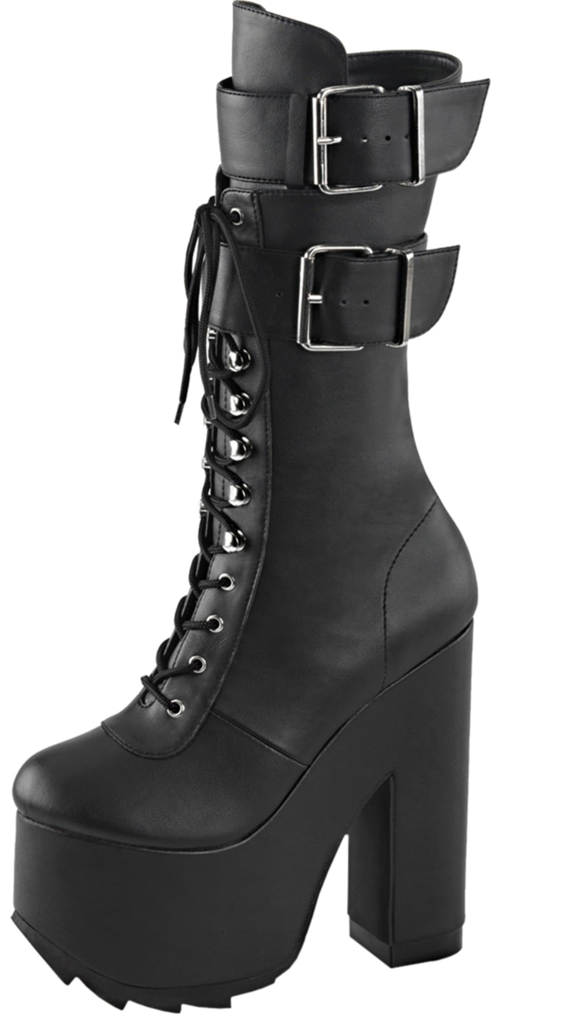 Demonia Womens High Heel Combat Boots Black Knee High Boots Platforms