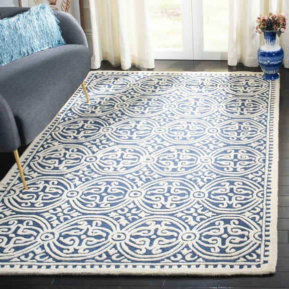 SAFAVIEH Cambridge Leslie Geometric Wool Area Rug, Navy Blue/Ivory, 9' x 12'