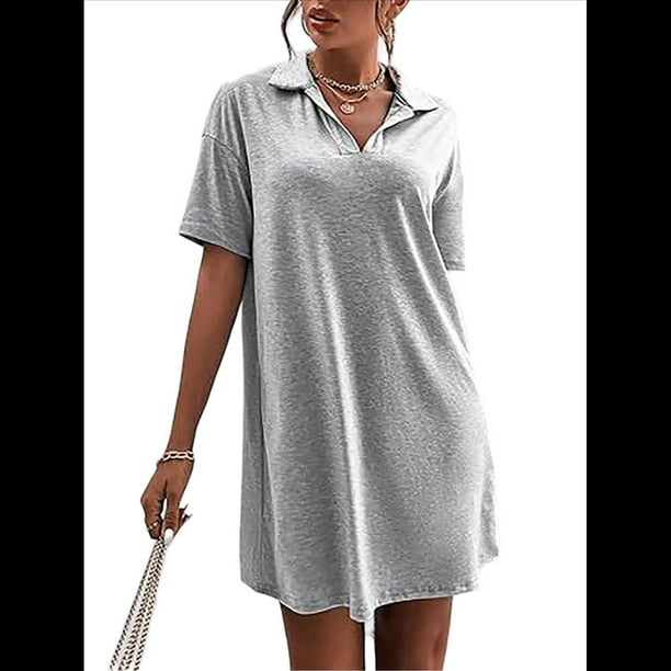 Vestido de Verano para Mujer, Cuello en V, Corta, Holgado, Informal, con Cuello Tipo Camiseta, Gris, Talla L