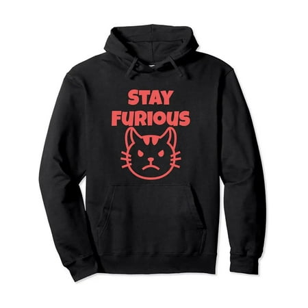 Men's Funny Stay Furious Angry Kitten Graphic Hoodie - Black with Red Text & Design, Soft Unisex Pullover Sweatshirt for Casual Streetwear, Lounge & Casual Attire - Funny Feline Saying Apparel for Ca