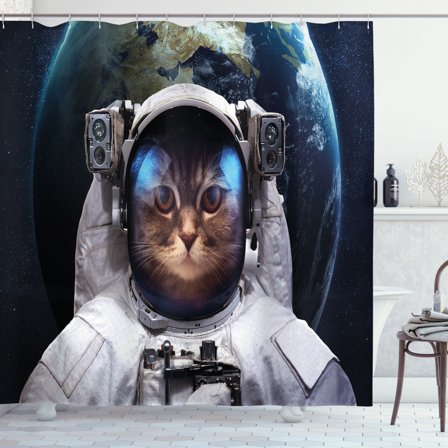 Ambesonne Space Cat Shower Curtain, Planet Earth Backdrop, 69"Wx70"L, White Green Dark Blue
