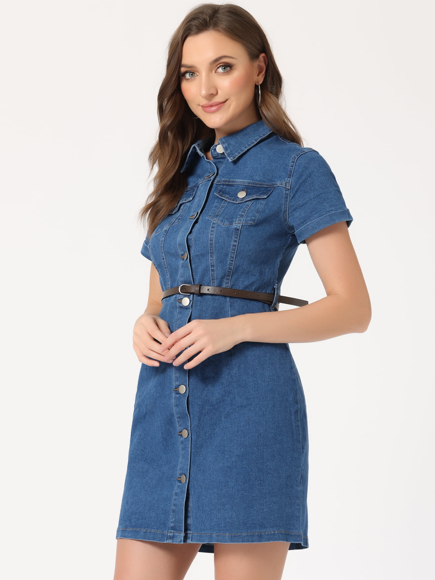 DARING DIVA Casual Collared Short Sleeve Denim Shirt Dress XS Blue L M-Blue