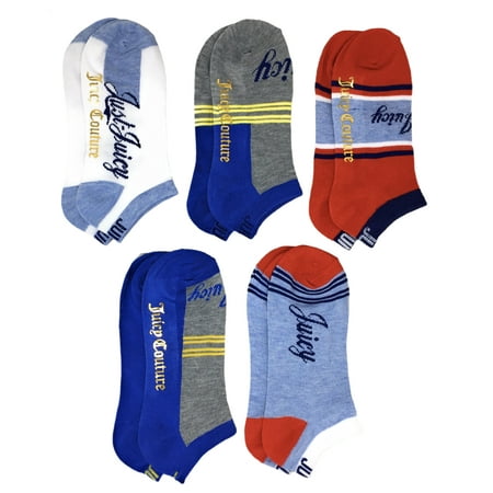 Juicy Couture Womens 5-Pack No Show Socks, Shoe Size 4-10, Group N - Blue, Gray, Red & White