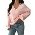 thumbnail image 2 of Suéter Informal Cómodo de Color Liso con Cuello en V, Larga y Punto Acanalado Suave para Mujer. Rosa L, 2 of 7