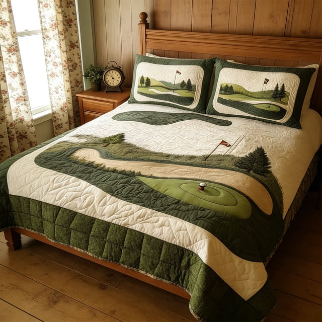 Golf Themed Quilted 3-Piece Bedding Set, Cozy Multicolor Comforter Set for Golf Lovers Bedroom, Machine Washable Duvet Cover Set for Guest Room Childs Room Home Decor