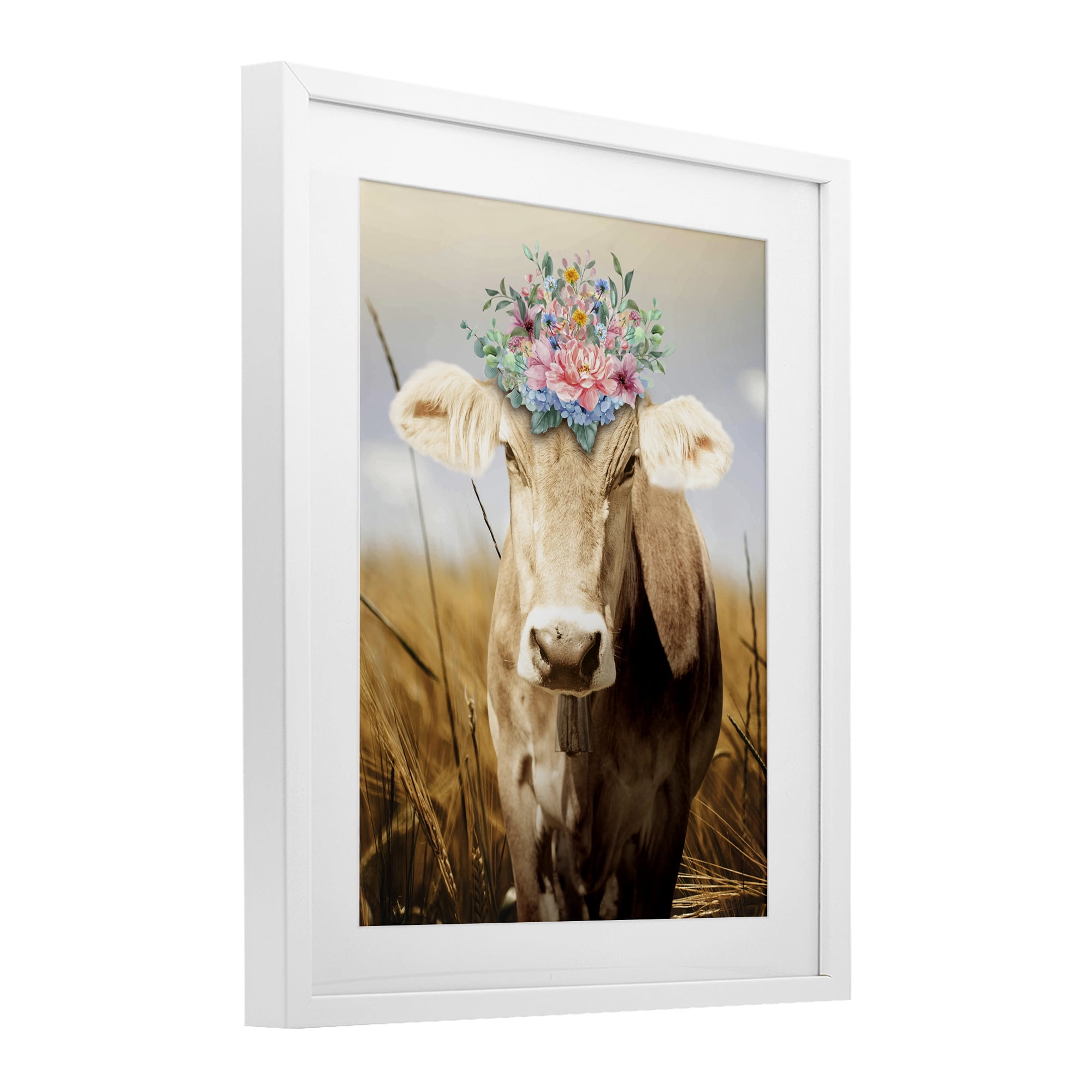 Stupell Industries Chatty Belle Cow with Florals White Framed Print Under Glass, design by Marcus Prime