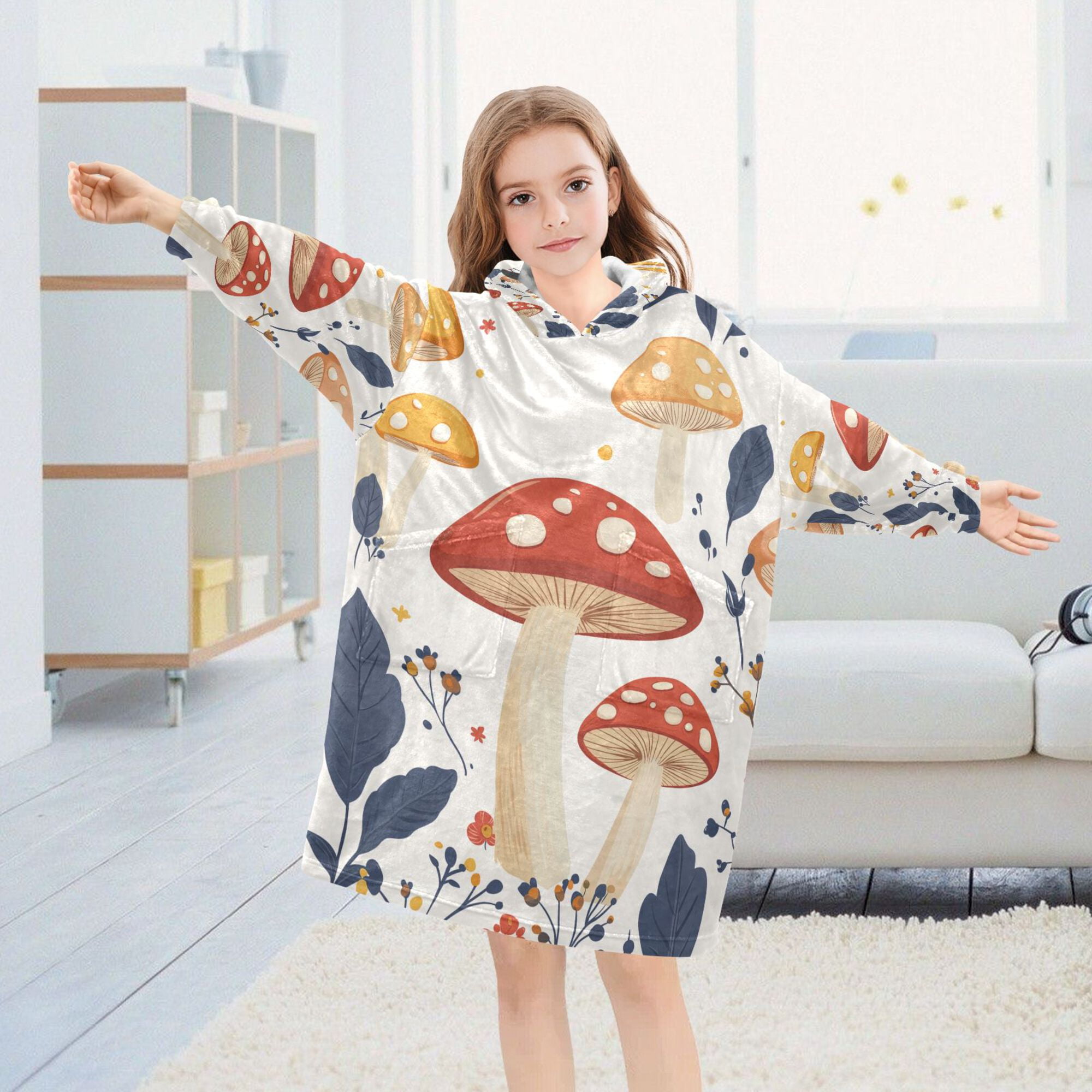 FORMRS Wearable Blanket Hoodie with Sleeves for Kids Cozy Flannel Sweatshirt, White Mushroom