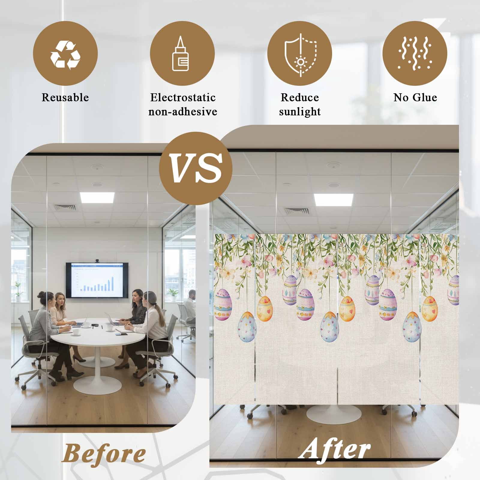 Spring Colorful Window Privacy Film, Easter Eggs Flowers Eucalyptus Leaf Retro Frosted Glass Window Clings Static Cling UV Heat Blocking Reusable Door Sticker for Bathroom 23.6 x 59 Inch