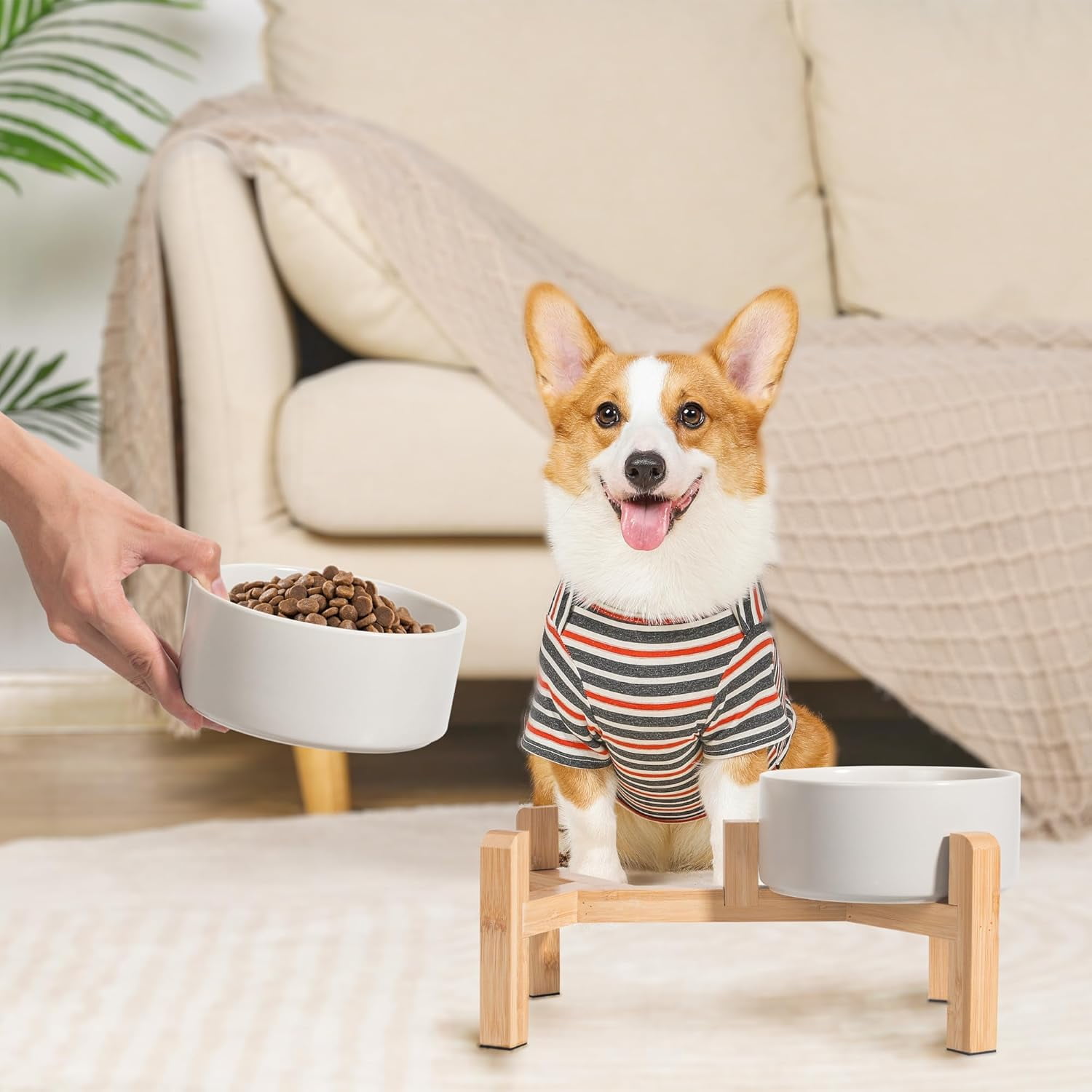 Elevated Ceramic Dog Bowl Set - Raised Dog Bowls with Non-Slip BambooStand - Dog Food and Water Bowl Set - Double Dog Feeding Bowls - Suitable for Small and Medium Dogs - 28.74 OZ - 3.6 CUPS - 850 ML