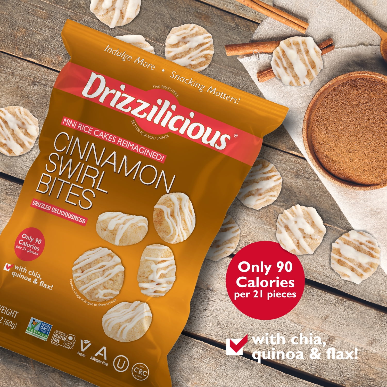 (3 pack) Drizzilicious Mini Rice Cakes, Cinnamon Swirl Flavored Rice Cake Gluten Free Snacks, Rice Crisps 60g