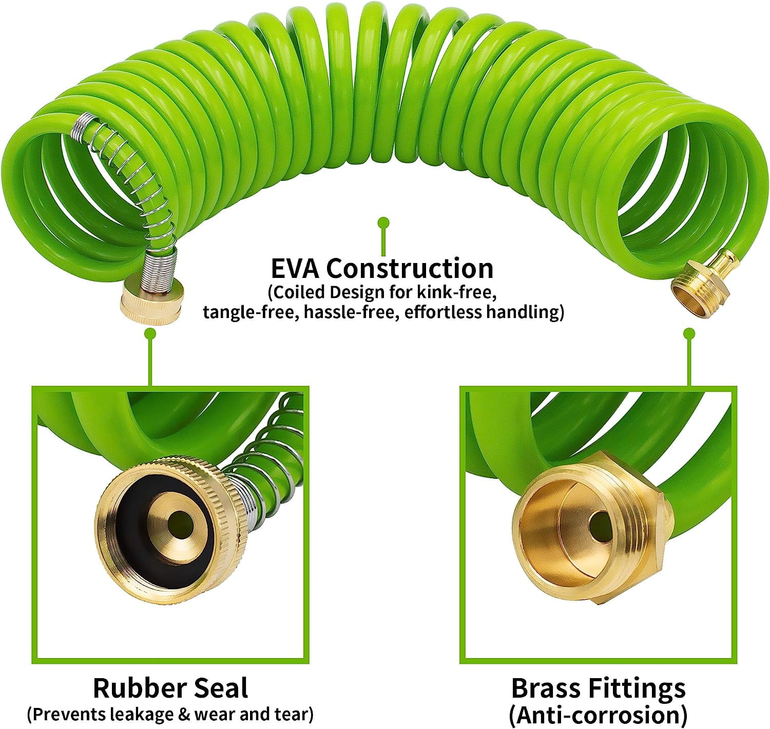 AUTOMAN EVA Recoil Garden Hose 25ft - Includes 7 Pattern Spray Nozzle, Corrosion Resistant Garden Coil Hose. Green