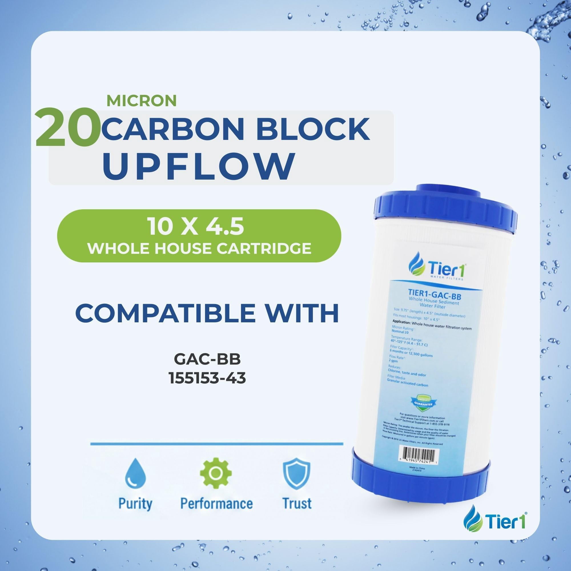 Tier1 20 Micron 10 x 4.5 Water Filter | Carbon Block - Upflow Granular Activated Whole House Cartridge | Replacement for Pentek GAC-BB, 155153-43 | 4.5 x 10 Water Filter
