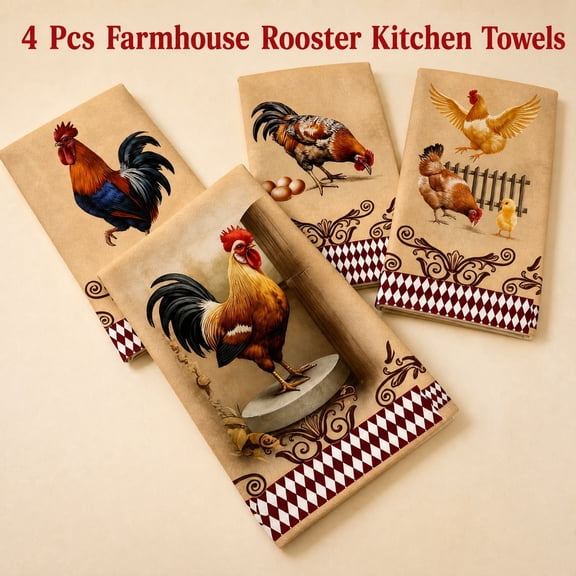 4 Pcs Microfiber Kitchen Towels, 16 x 24 Inch Vintage Farmhouse Dish Cloths with Poultry and Cow Prints, Super Absorbent Tea Towels for Rooster Kitchen Decor, Rustic Rooster Gifts for Housewarming