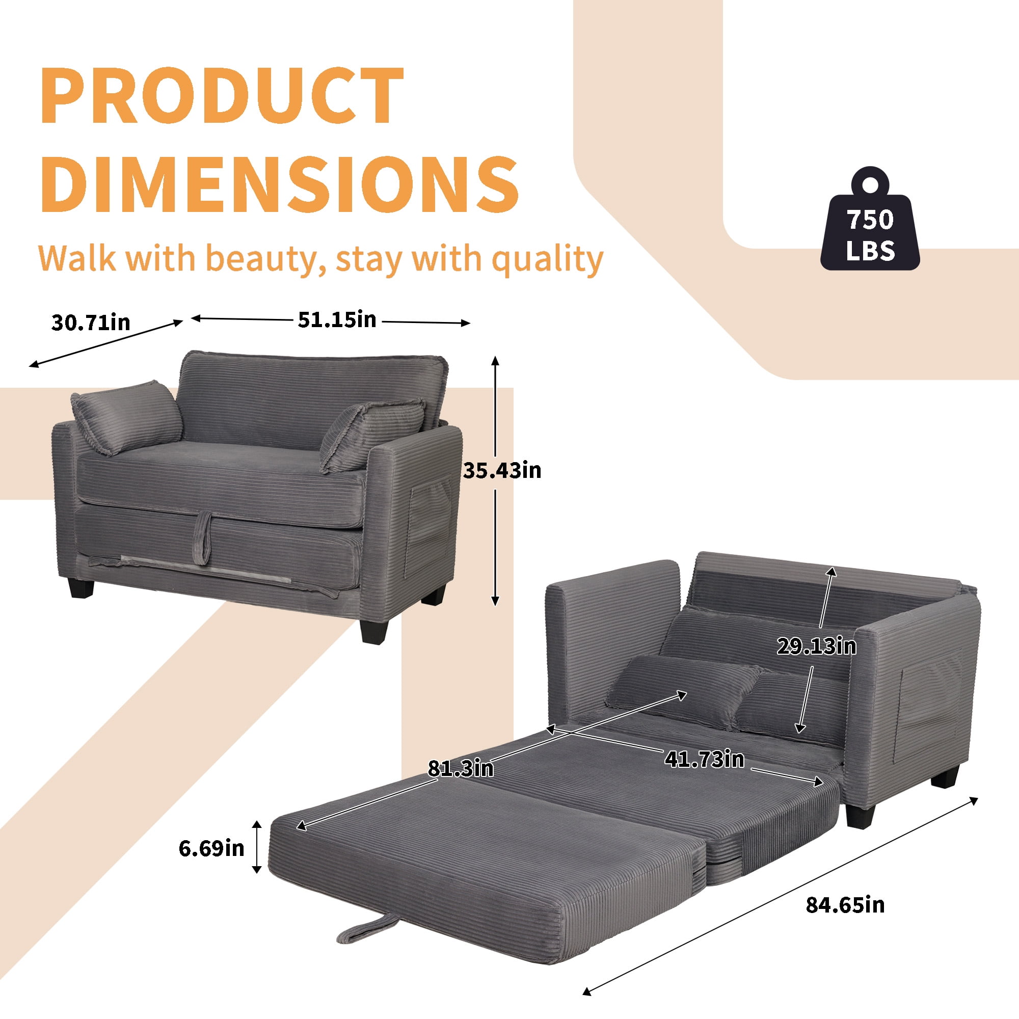Convertible Sofa Bed, Loveseat Sleeper, 2-in-1 Sofa with Skin-Friendly Corduroy Fabric, Zero-Threshold Form Switch and Side Storage Pocket, for Small Space Living Room, Grey