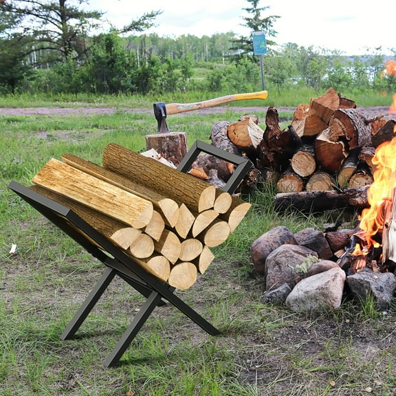 Black Steel Firewood Rack - Powder Coated A-Frame Log Holder, Portable Indoor Outdoor Stand for Fireplace Fire Pit Wood Burner, Easy Assembly Space Saving