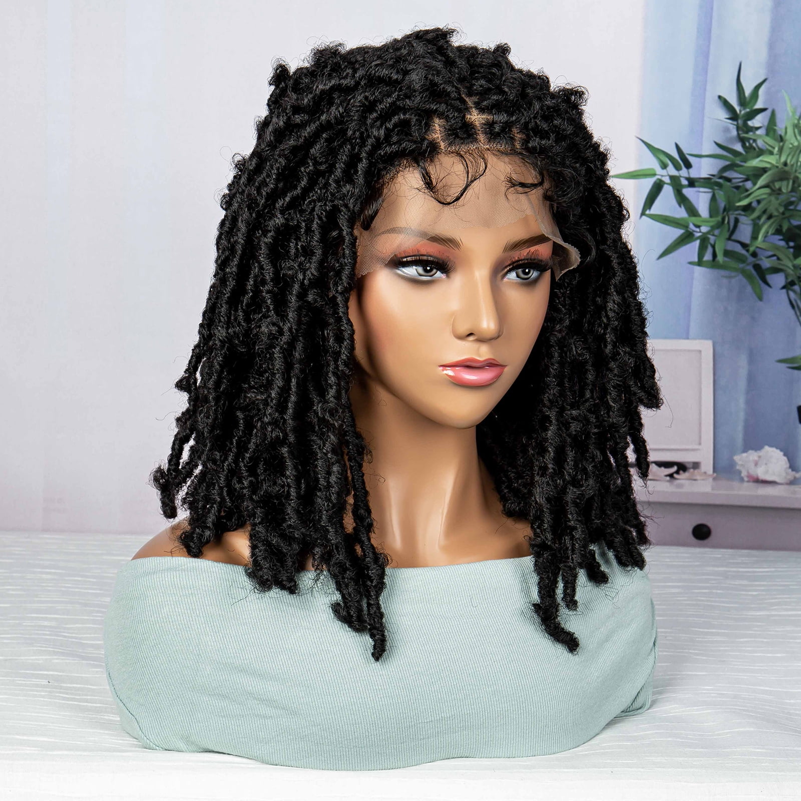 Synthetic Dreadlocks Knotless Braided Wigs Lace Frontal Wig for Black Women Short Bob 16 Inches Natural Black Locs Crochets Braiding Wigs