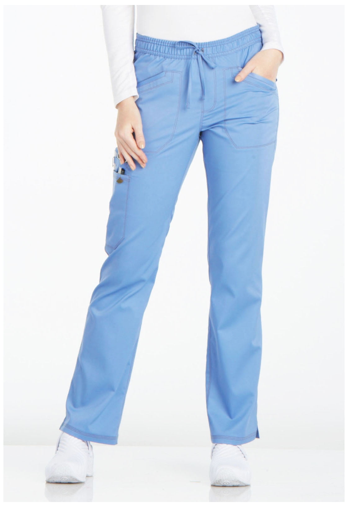 Dickies Essence Women Scrubs Pant, Mid Rise Straight Leg Drawstring, DK106P, M Petite, Ciel Blue