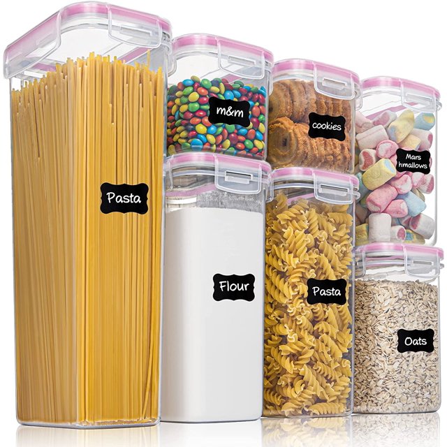 Juego de Contenedores de Almacenamiento, Almacenamiento de Cereales y Alimentos, Plástico Sin BPA, Herméticos, Juego de 7, 24 Etiquetas para Cereales, Harina, Azúcar, etc.