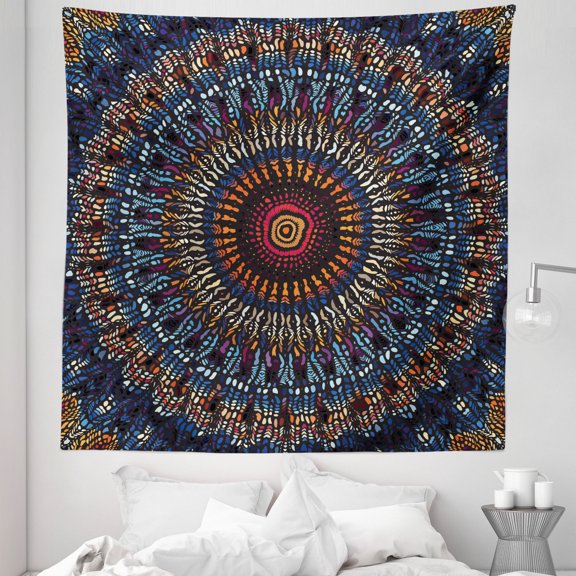 Mandala Tapestry, Colorful Abstract Round of Tribal Feels Ethnic Design Sun Motif with Center, Fabric Wall Hanging Decor for Bedroom Living Room Dorm, 5 Sizes, Night Blue Orange, by Ambesonne