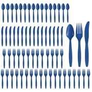 Party City Assorted Disposable Cutlery Set, 64-Piece Set (Royal Blue) - 32 Forks, 16 Knives & 16 Spoons - Go Brightly Heavy Duty Disposable Plastic Forks, Spoons & Knives - Party Supplies Cutlery