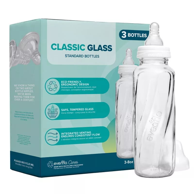 8oz Glass Baby Bottles 3 Pack, Classic Infant Feeding Bottles with Slow Flow Silicone Nipples, BPA-Free, Latex-Free, Phthalate-Free, Clear Glass Bottles for Newborns and Infants